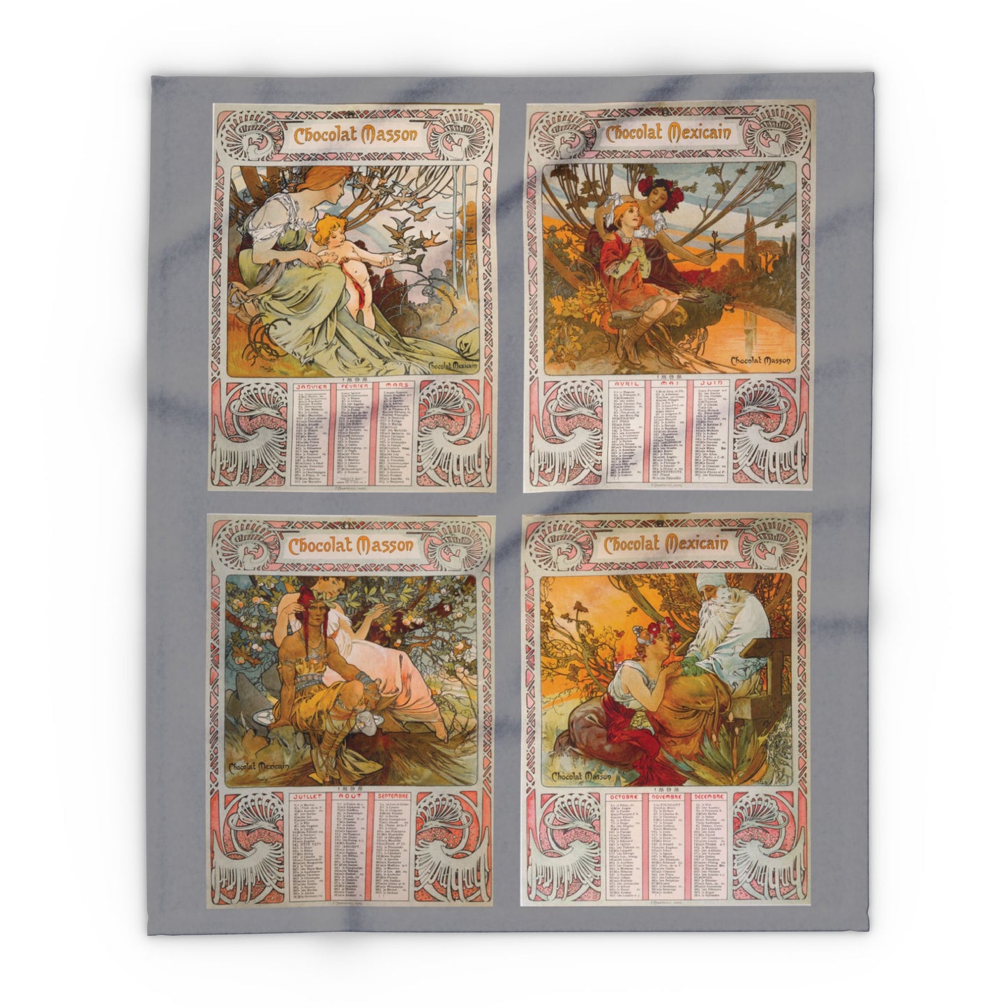 Arctic Fleece Blanket: 1889 Chocolat Masson Calendar Design by Alphonse Mucha, Art Nouveau, Cozy Winter Throw, Perfect Gift for Art Lovers