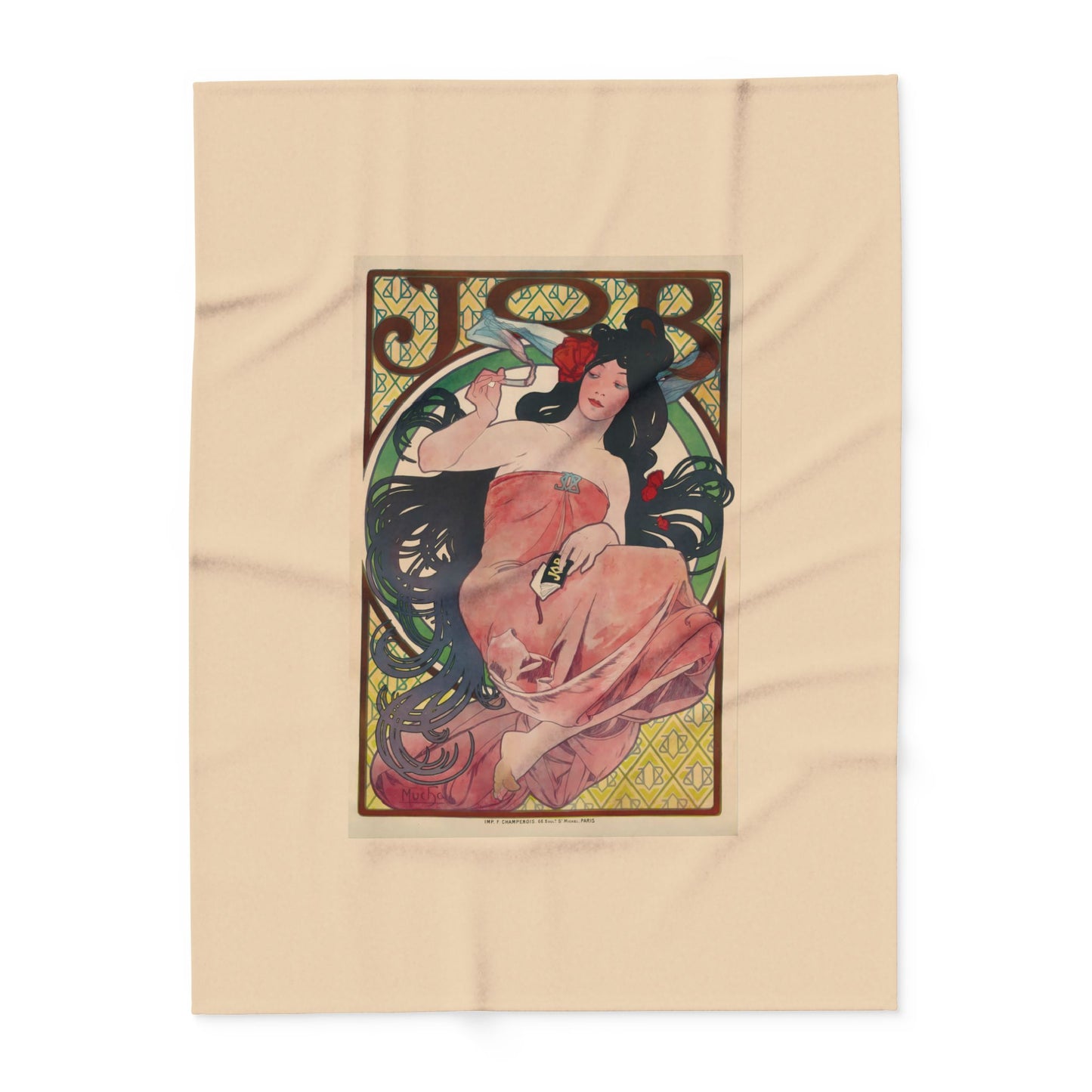 Arctic Fleece Blanket: 1896 Job Cigarette Brand Poster Design by Alphonse Mucha, Art Nouveau, Cozy Winter Throw, Perfect Gift for Art Lovers