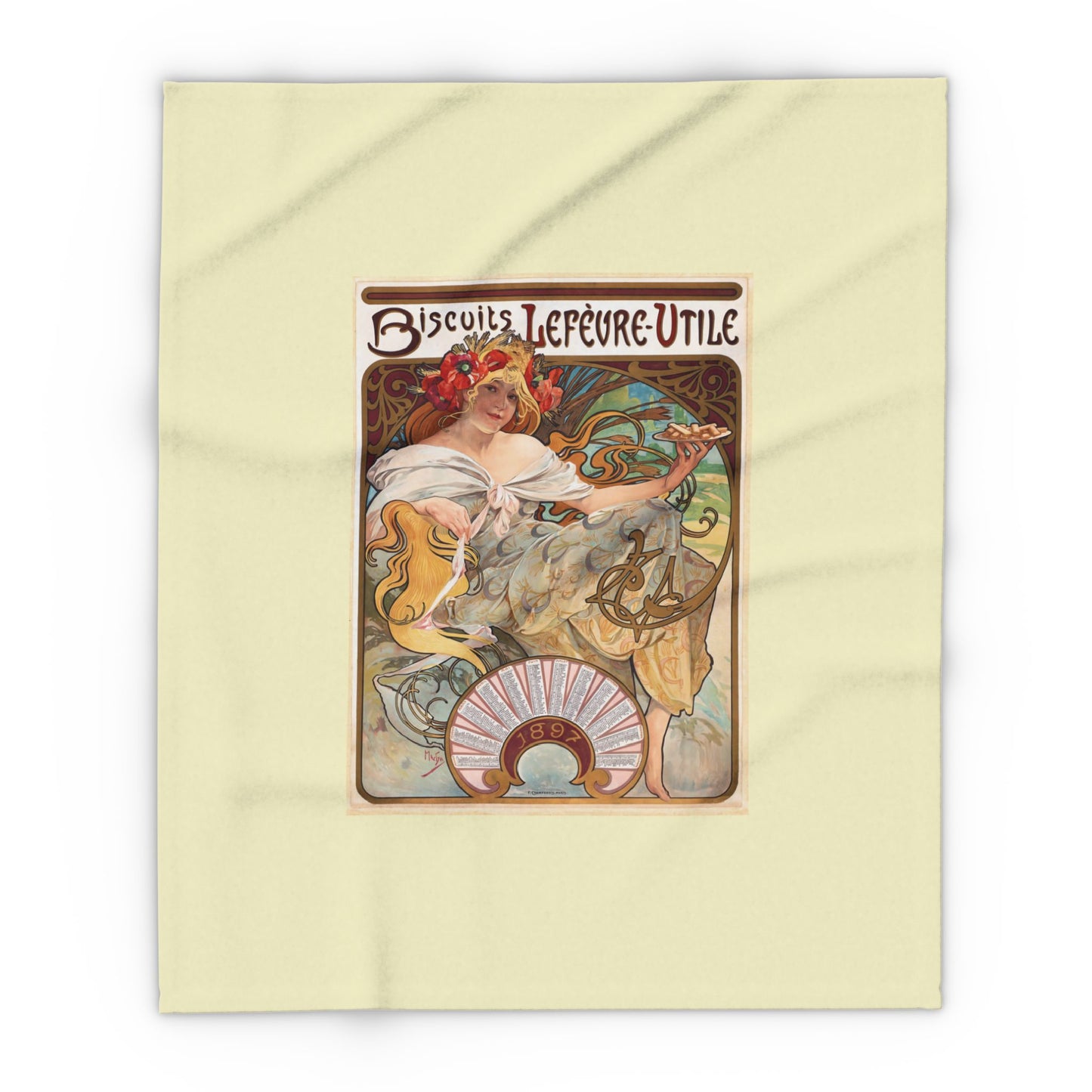 Arctic Fleece Blanket: 1896 Biscuits Lefèvre-Utile Poster Design by A. Mucha, Art Nouveau, Cozy Winter Throw, Perfect Gift for Art Lovers