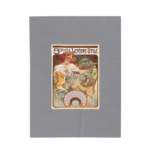 Velveteen Blanket: 1896 Biscuits Lefèvre-Utile Poster Design, A. Mucha, Art Nouveau Decor, Vintage Plush Throw, Cozy Winter Blanket for Home