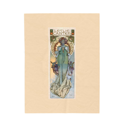 Velveteen Blanket: 1908 Leslie Carter Poster by Alphonse Mucha, Art Nouveau Decor, Vintage Plush Throw, Cozy Winter Blanket for Home