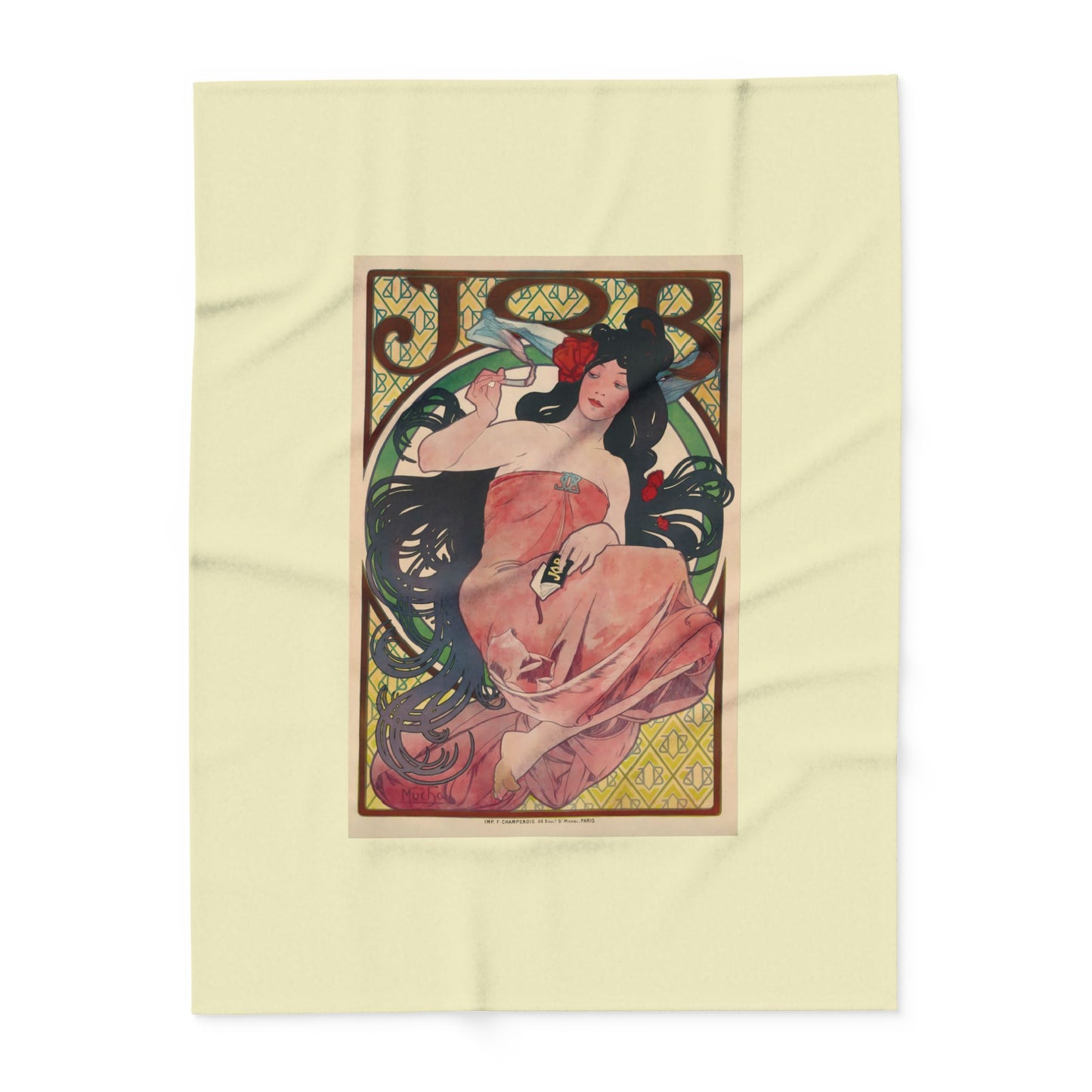 Arctic Fleece Blanket: 1896 Job Cigarette Brand Poster Design by Alphonse Mucha, Art Nouveau, Cozy Winter Throw, Perfect Gift for Art Lovers