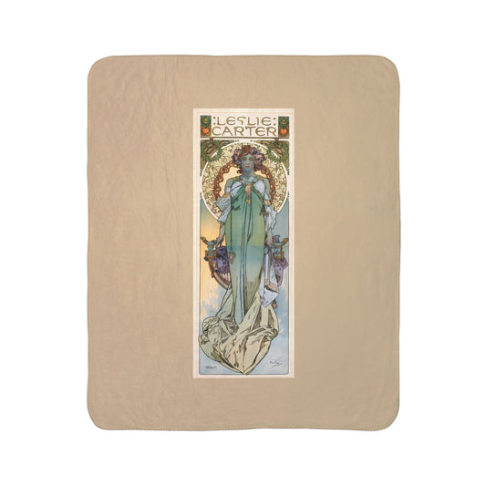 Fleece Sherpa Blanket: 1908 Leslie Carter Poster by Alphonse Mucha, Cozy Vintage Throw, Art Nouveau, Perfect Gift for Art Lovers