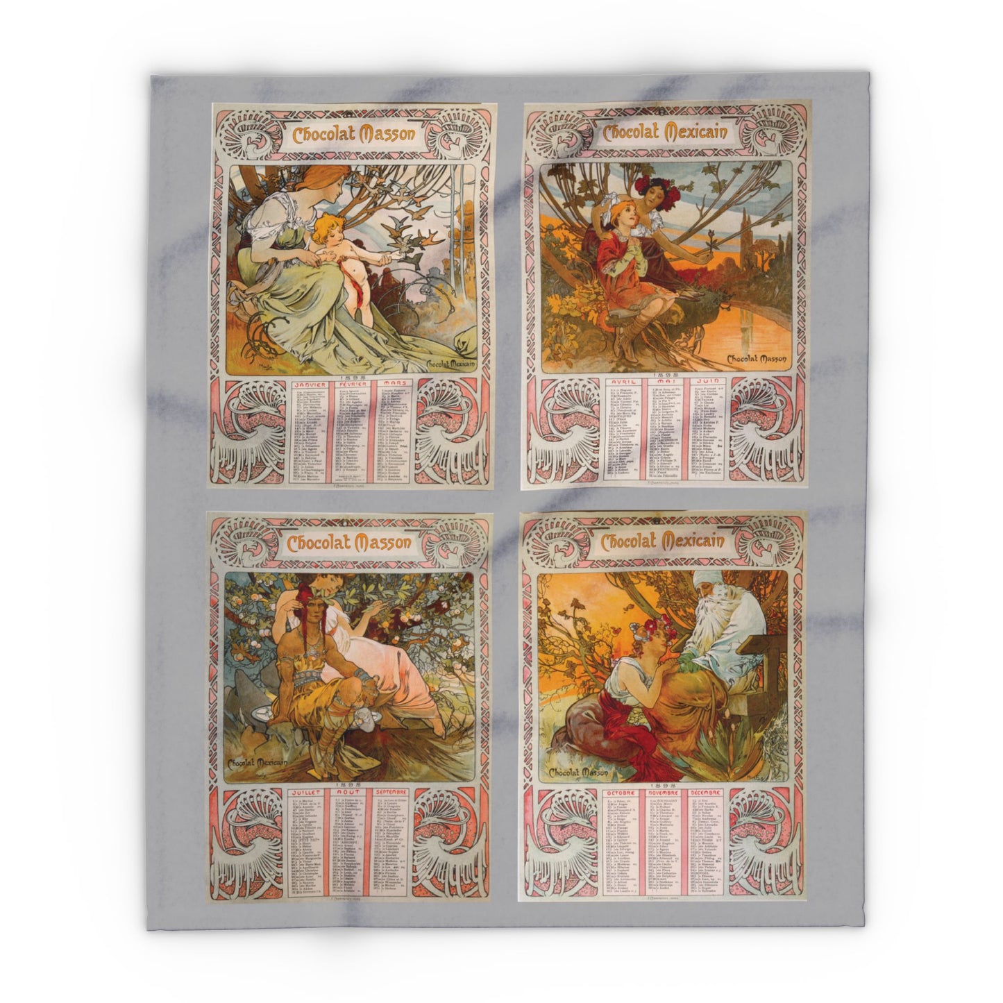 Arctic Fleece Blanket: 1889 Chocolat Masson Calendar Design by Alphonse Mucha, Art Nouveau, Cozy Winter Throw, Perfect Gift for Art Lovers