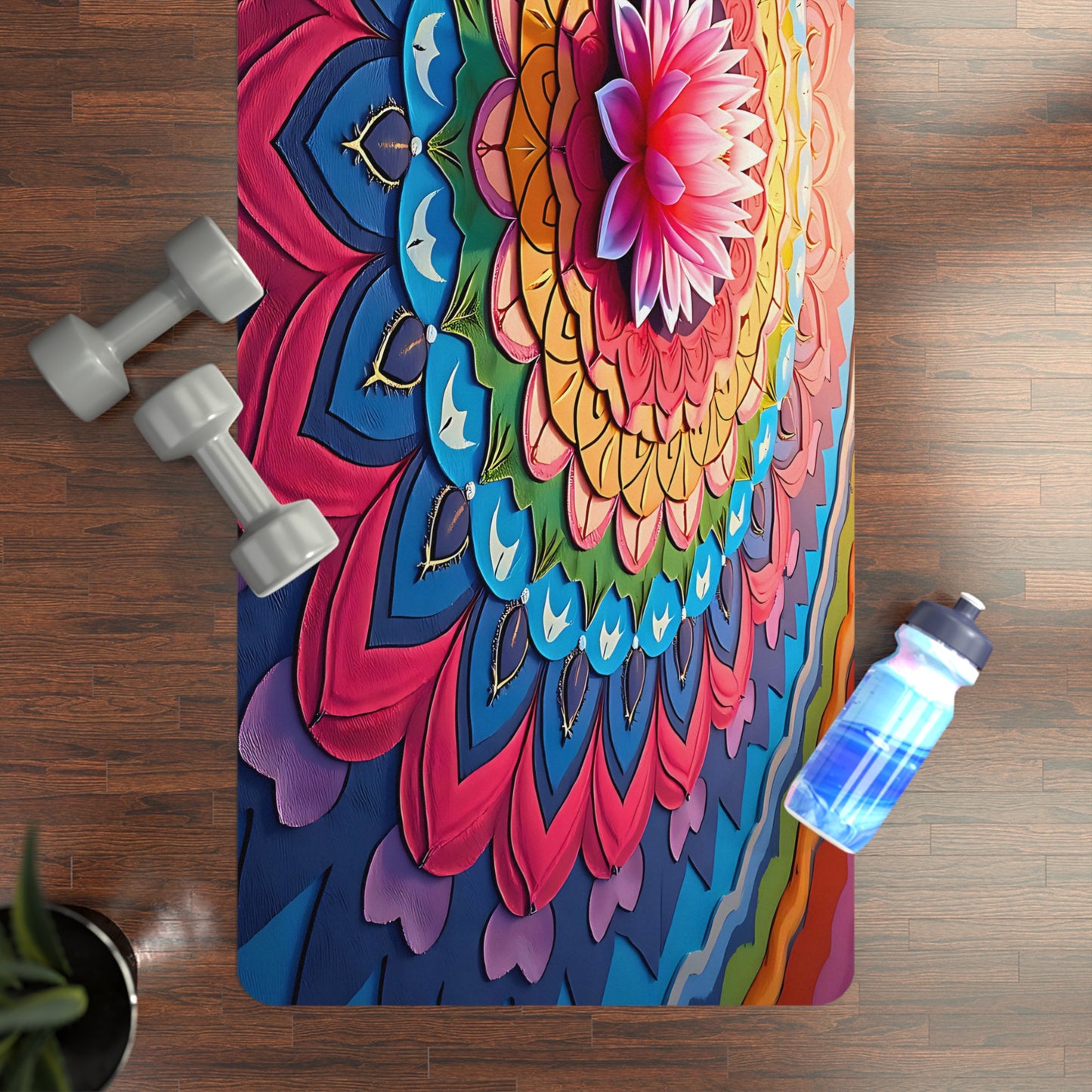 Mandala Rubber Yoga Mat: Non-Slip Suede Top & Natural Rubber Bottom, Colorful Lotus Design, 24×70" Cushioning for Yoga, Pilates, Meditation