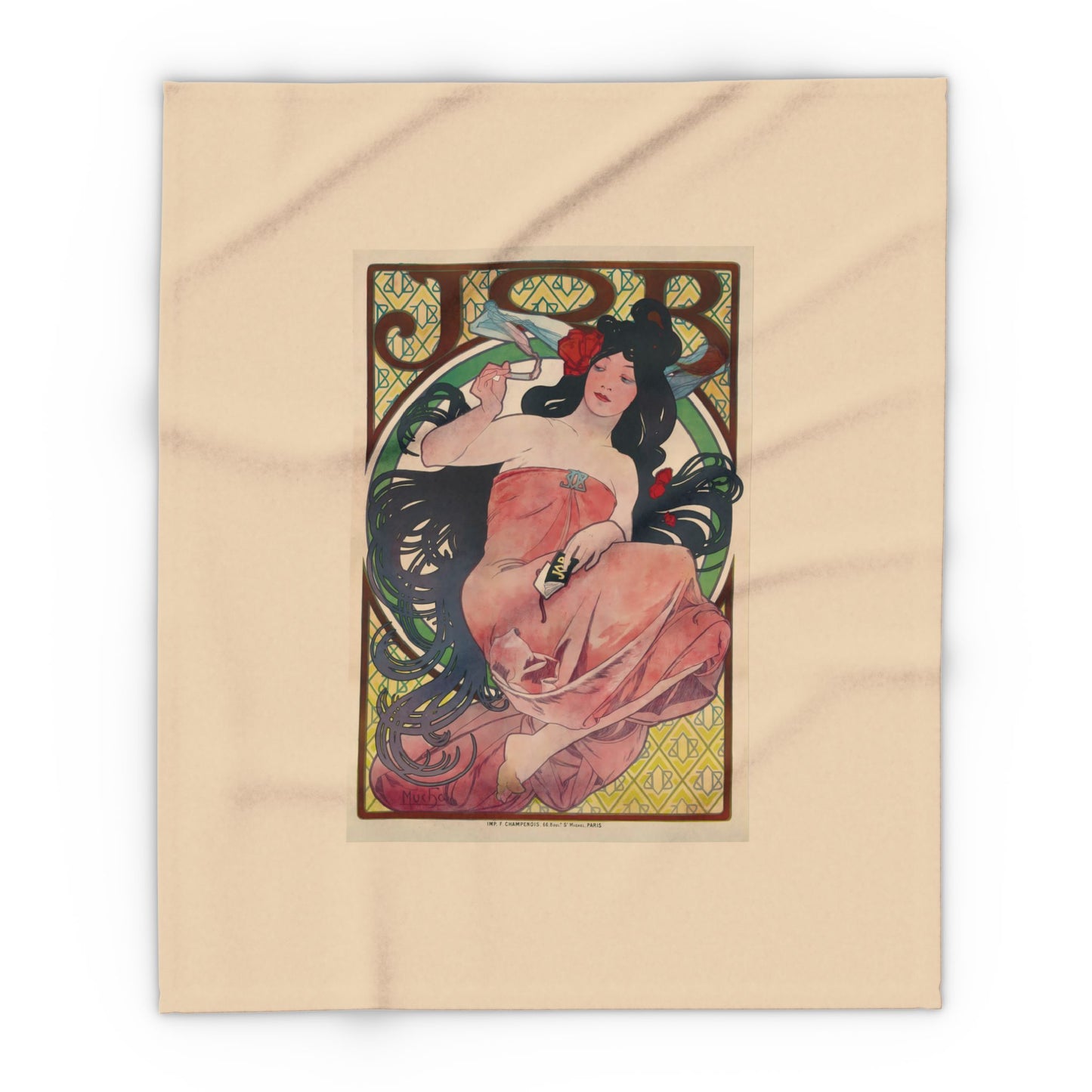 Arctic Fleece Blanket: 1896 Job Cigarette Brand Poster Design by Alphonse Mucha, Art Nouveau, Cozy Winter Throw, Perfect Gift for Art Lovers