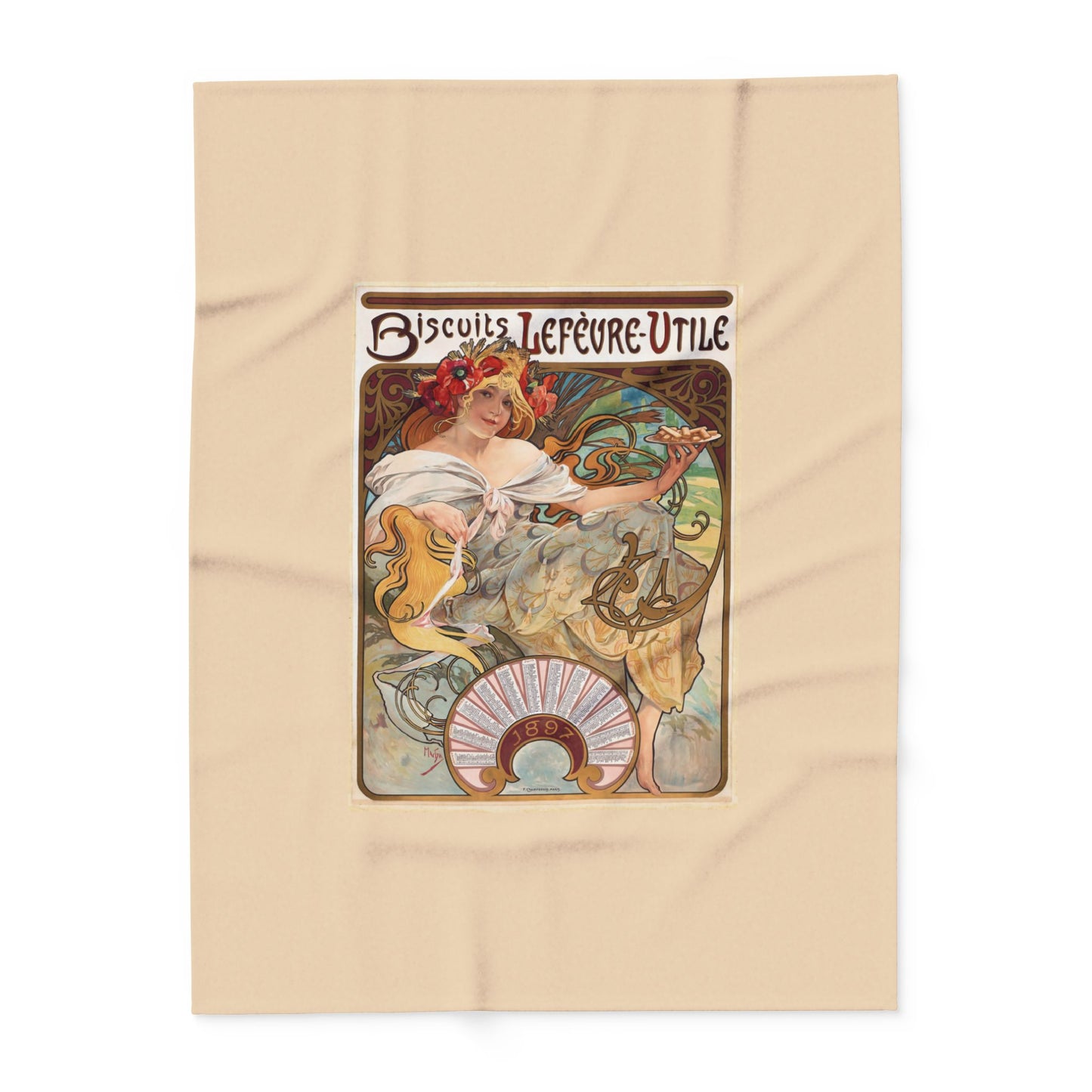 Arctic Fleece Blanket: 1896 Biscuits Lefèvre-Utile Poster Design by A. Mucha, Art Nouveau, Cozy Winter Throw, Perfect Gift for Art Lovers